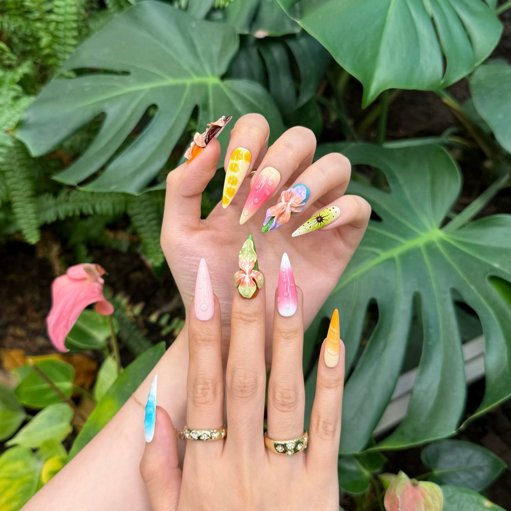 Tropical Dopamine 3D Press-On Nails – Handmade Island Floral Carving Design