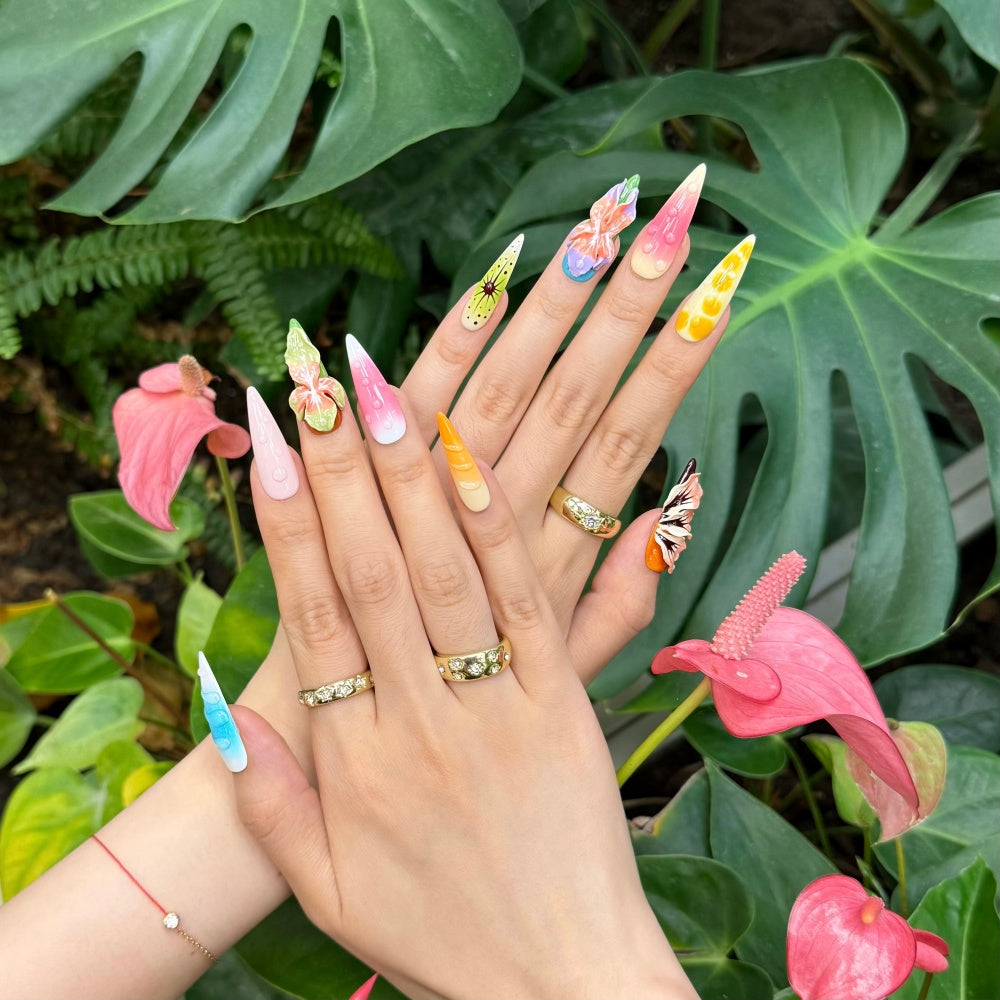Tropical Dopamine 3D Press-On Nails – Handmade Island Floral Carving Design