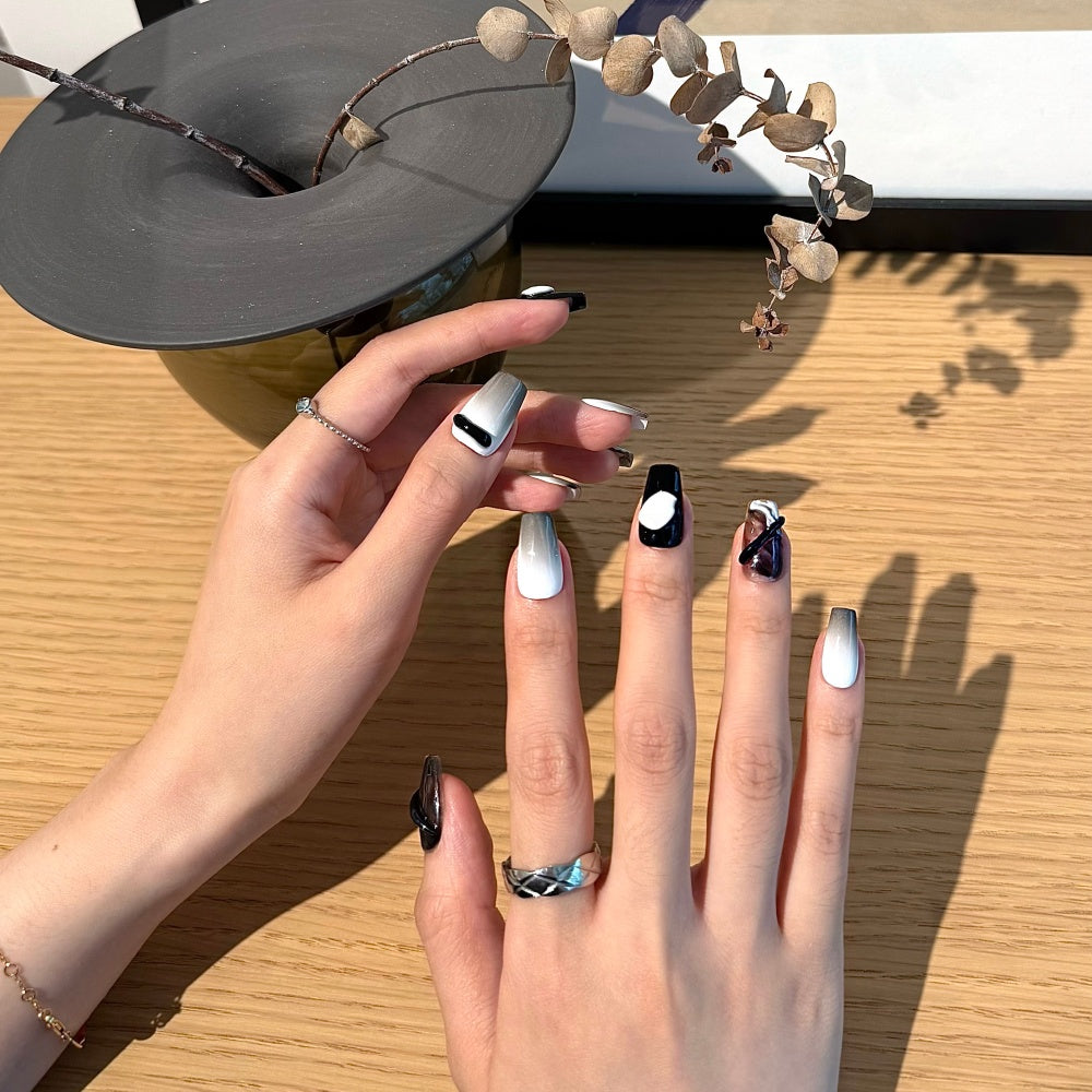 Avant-Garde Black & White Press-Ons | 3D Geometric Marble
