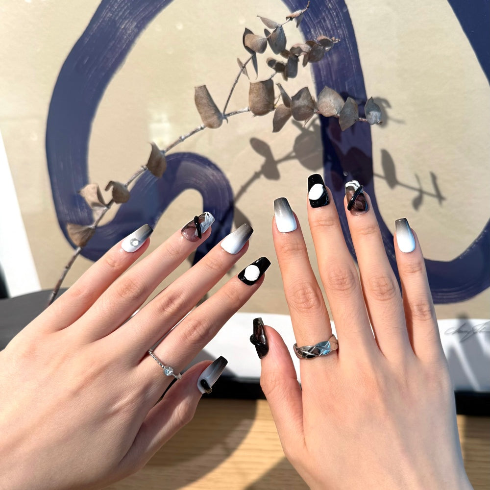 Avant-Garde Black & White Press-Ons | 3D Geometric Marble