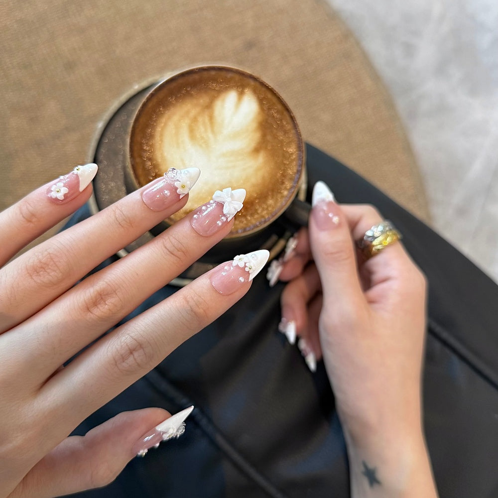 Ethereal Rose French Tips - Pearl Bows & White Floral Appliqués