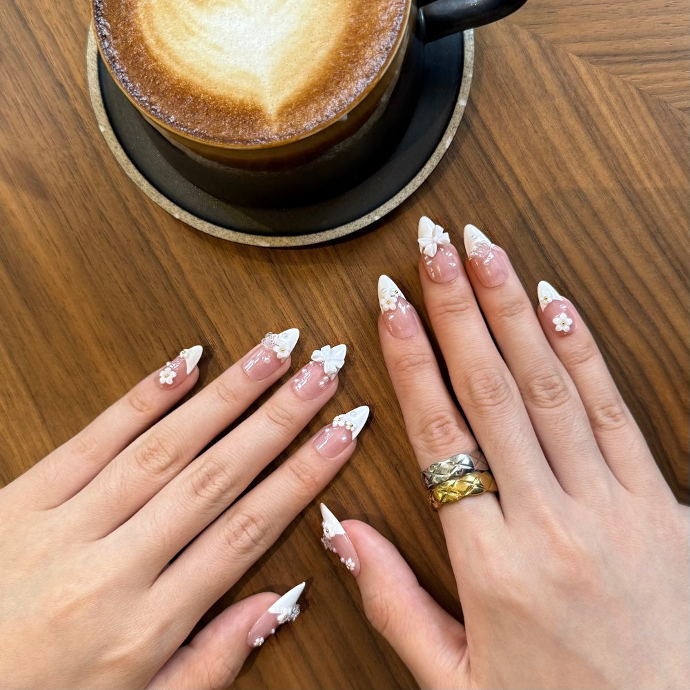Ethereal Rose French Tips - Pearl Bows & White Floral Appliqués