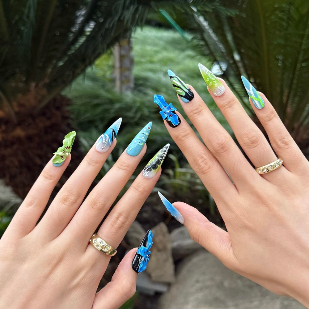 Jungle Luxe Press-On Nails - Hand-Carved Florals &Dimensional Leaves