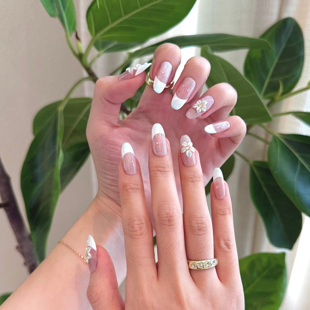 Elegant French Ombre Press-On Nails – Hand-Carved Floral & Pearl Drops