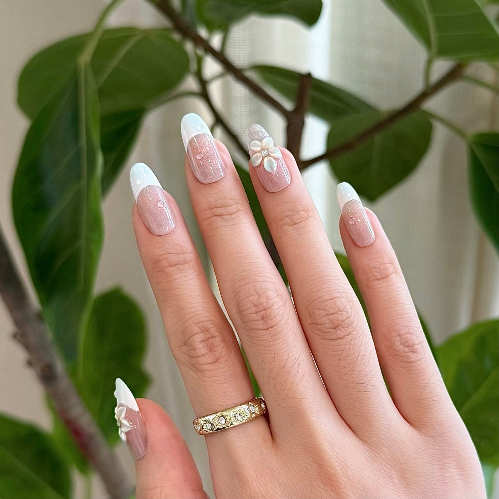 Elegant French Ombre Press-On Nails – Hand-Carved Floral & Pearl Drops
