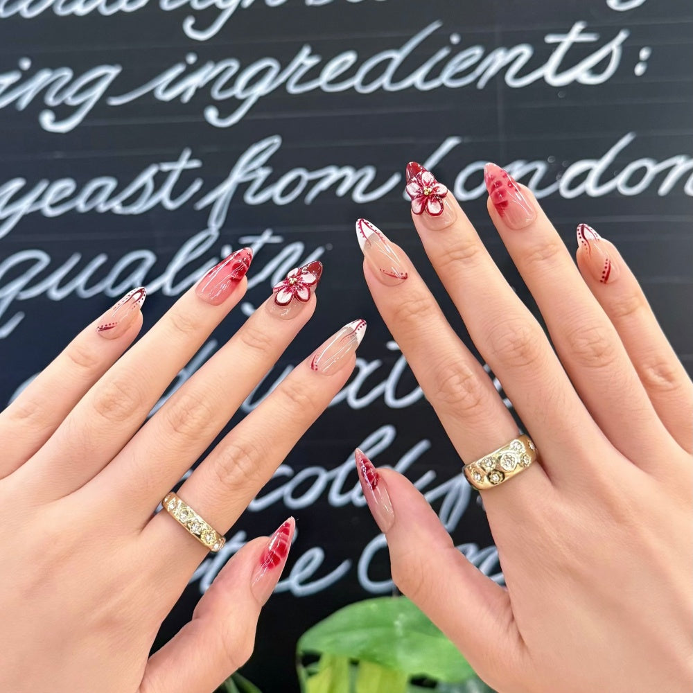 Red Watercolor French Tips - 3D Hand-Painted Cherry Blossom Accents