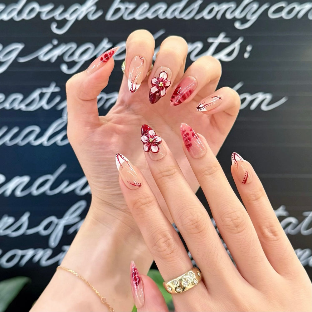 Red Watercolor French Tips - 3D Hand-Painted Cherry Blossom Accents