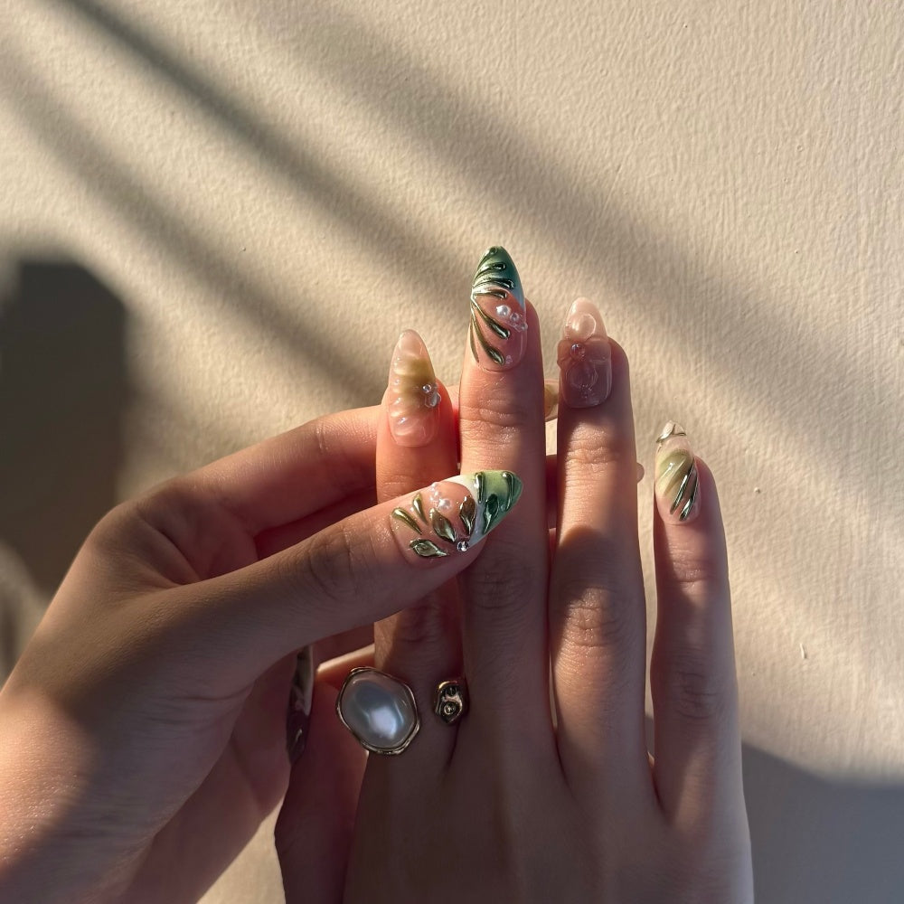 Emerald 3D Sculpted Press-Ons | Artisan Floral Nail Art