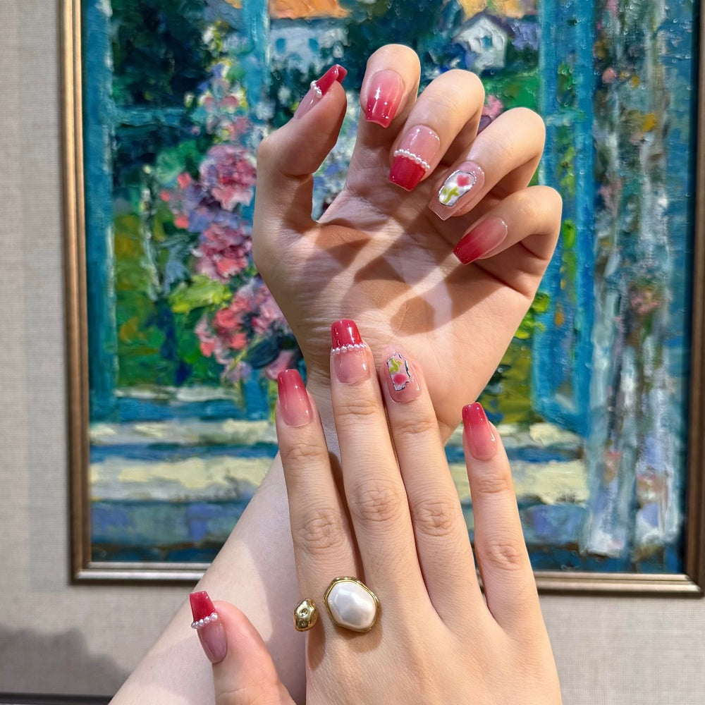 Luxury French Ombre Press-Ons | Pearl & Hand-Painted Florals