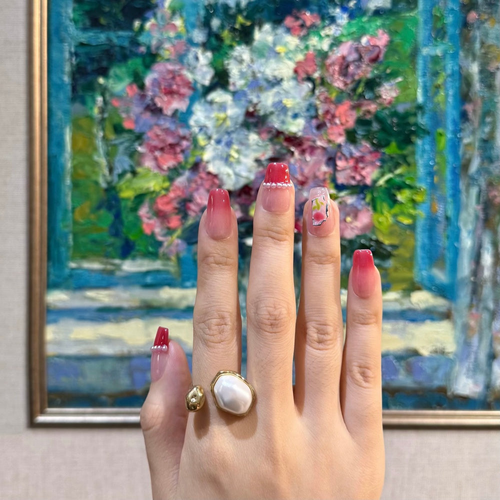 Luxury French Ombre Press-Ons | Pearl & Hand-Painted Florals