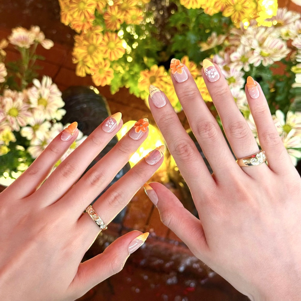 Nude French Ombre Press-On Nails – 3D Floral Carving & Line Art