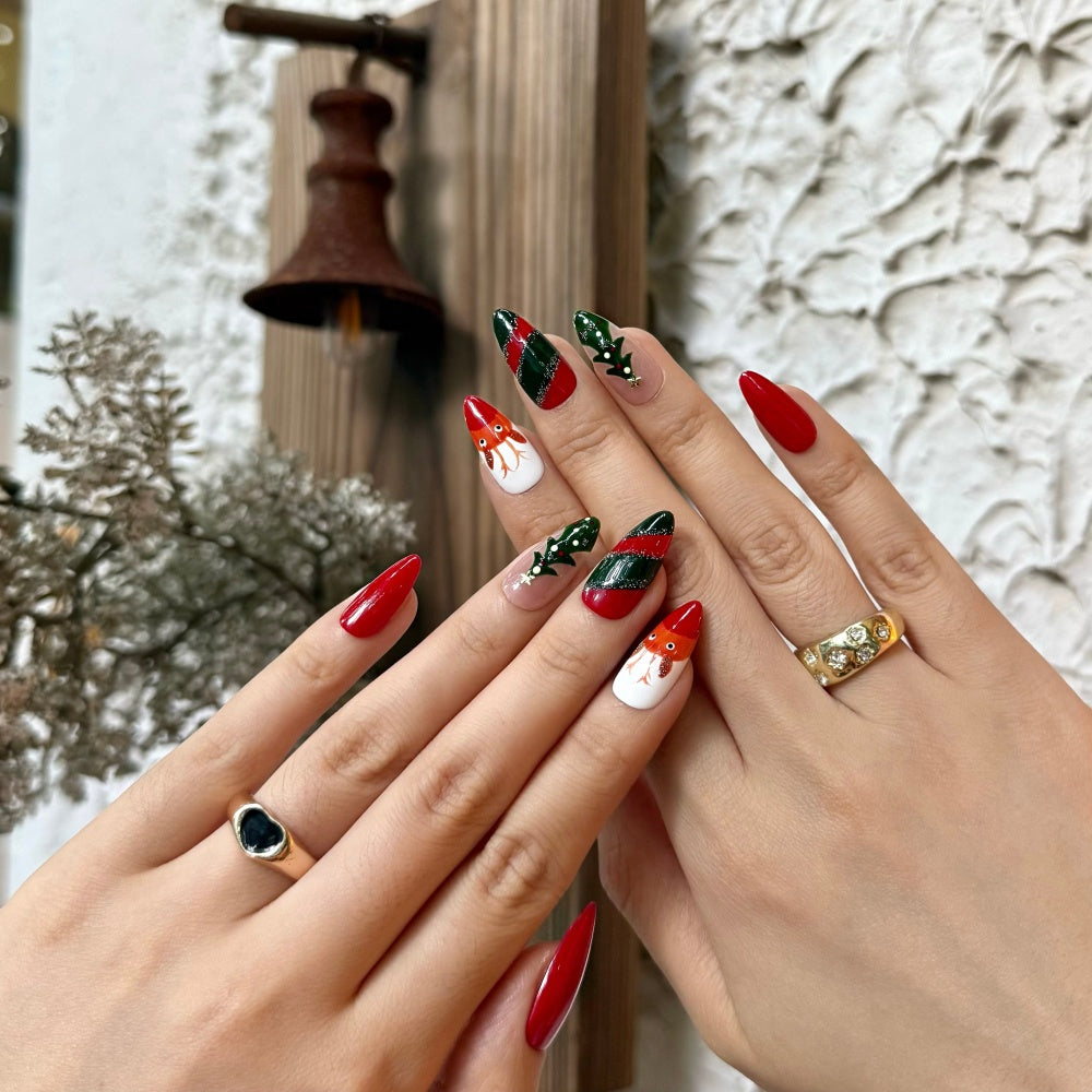 Handmade Christmas Press-On Nails - 3D Reindeer & Glowing Tree Charms