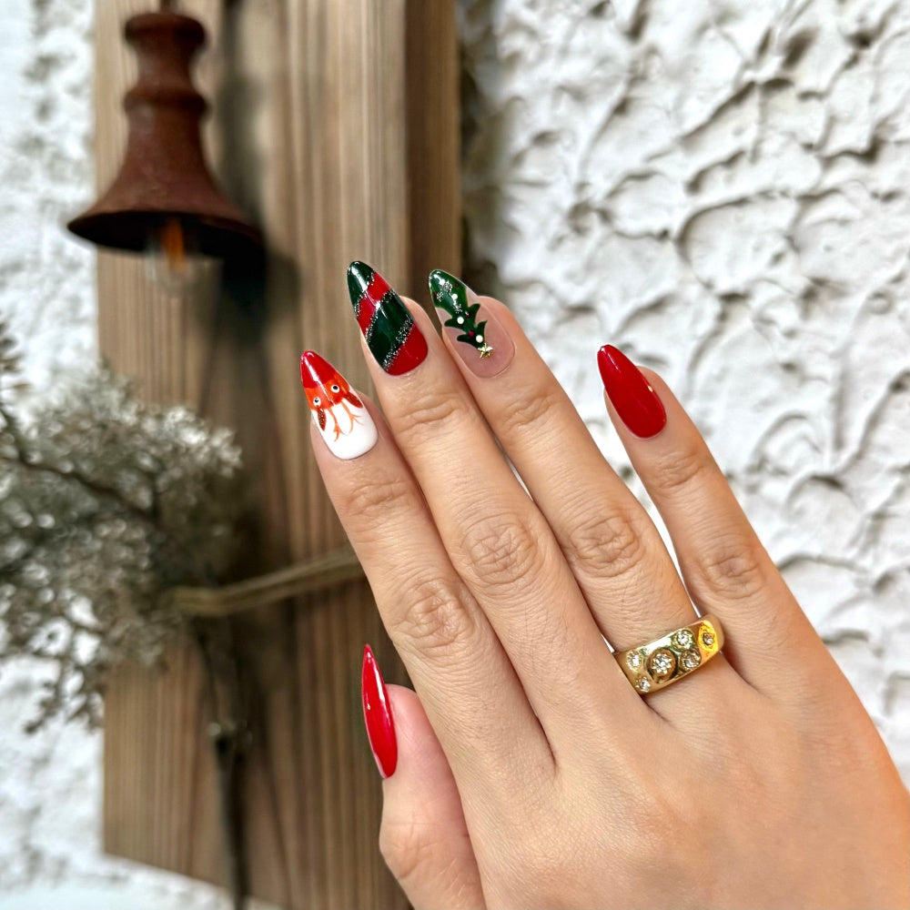 Handmade Christmas Press-On Nails - 3D Reindeer & Glowing Tree Charms