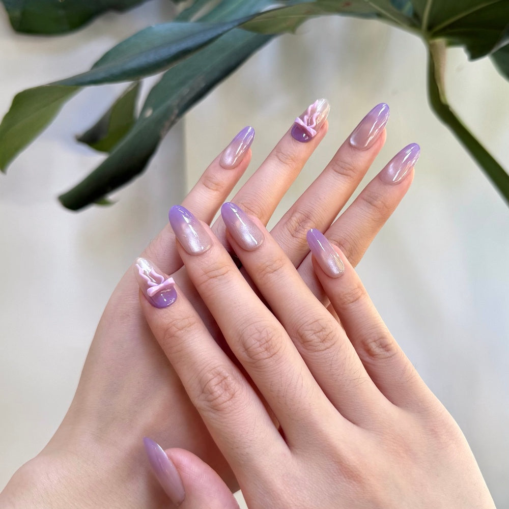 Elegant Purple Gradient Cat Eye Nails withBow-Gentle & Stylish Press-On Set