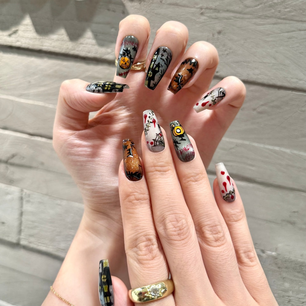 Hand-Painted Halloween Press-On Nails - Gothic Pumpkin & Bat Art