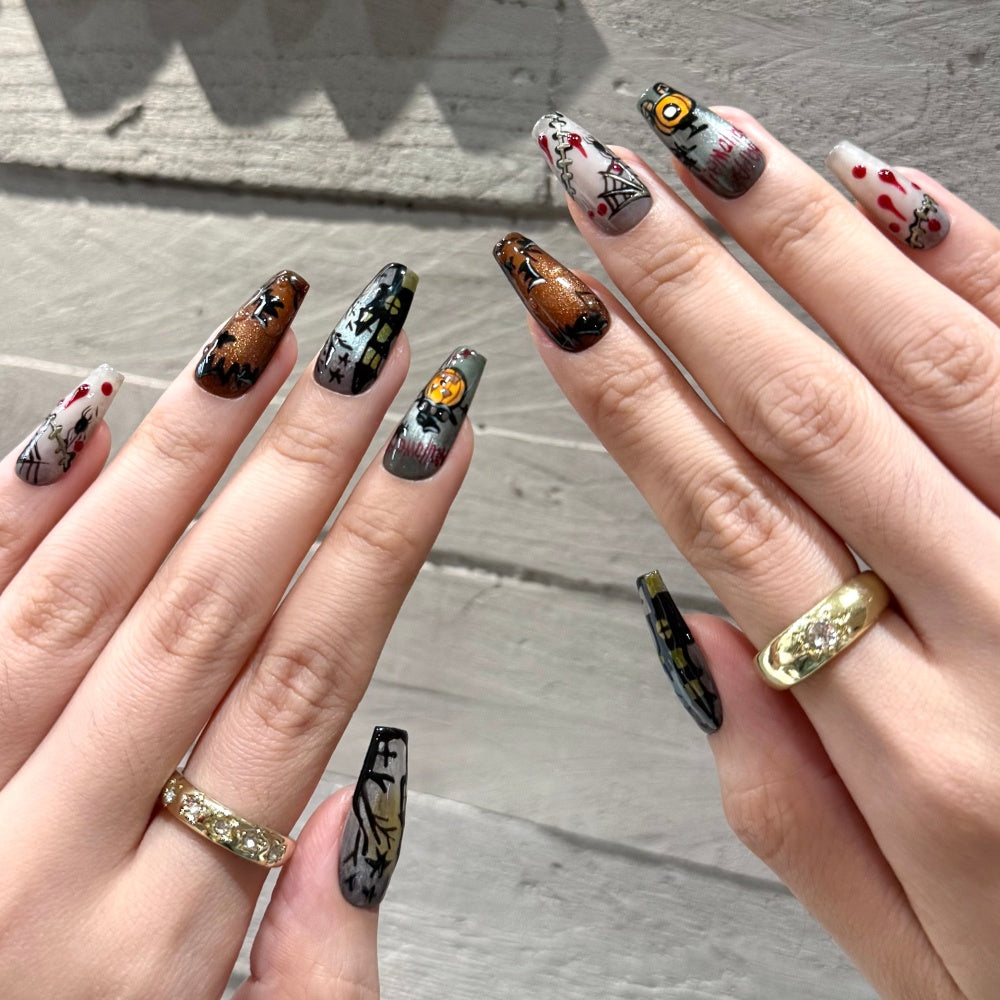 Hand-Painted Halloween Press-On Nails - Gothic Pumpkin & Bat Art