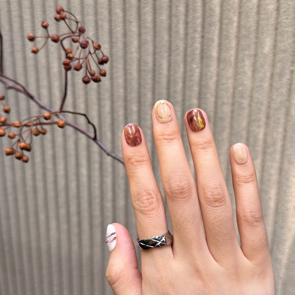 Coffee Caramel Ombre Short Nails - Hand-Painted 3D Art Fake Nails