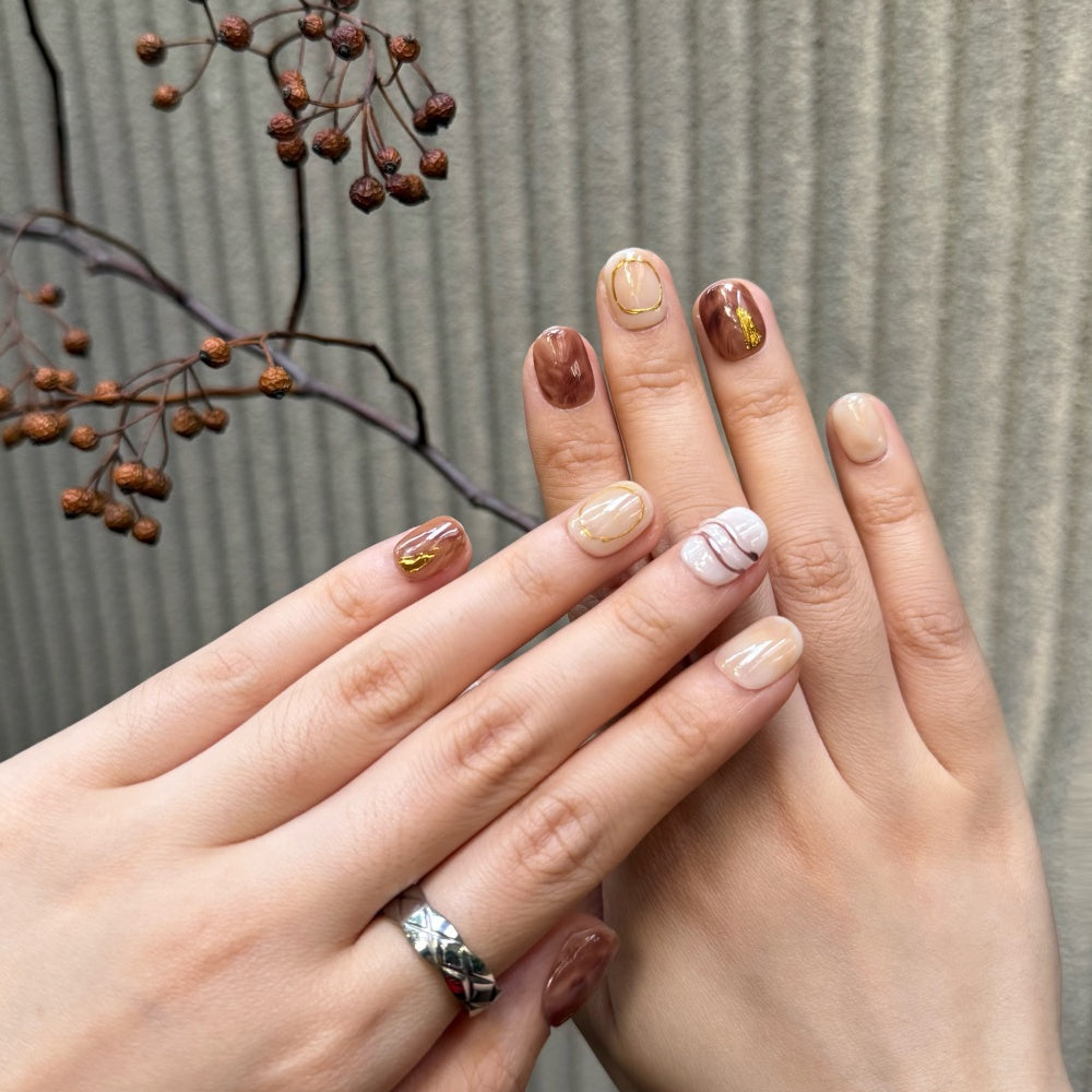 Coffee Caramel Ombre Short Nails - Hand-Painted 3D Art Fake Nails
