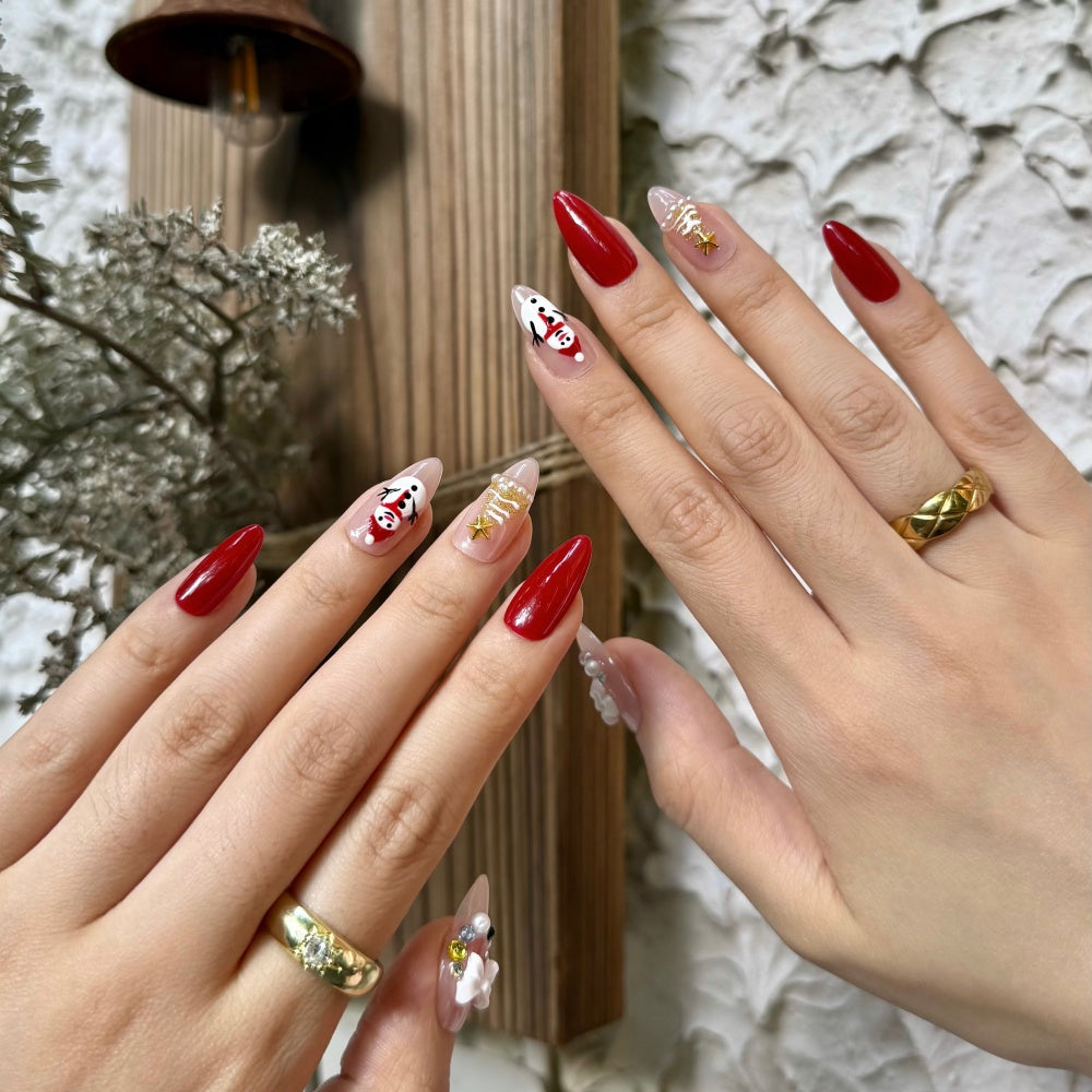 Hand-Painted Christmas Nails - Jolly Snowman & Glowing Tree Designs