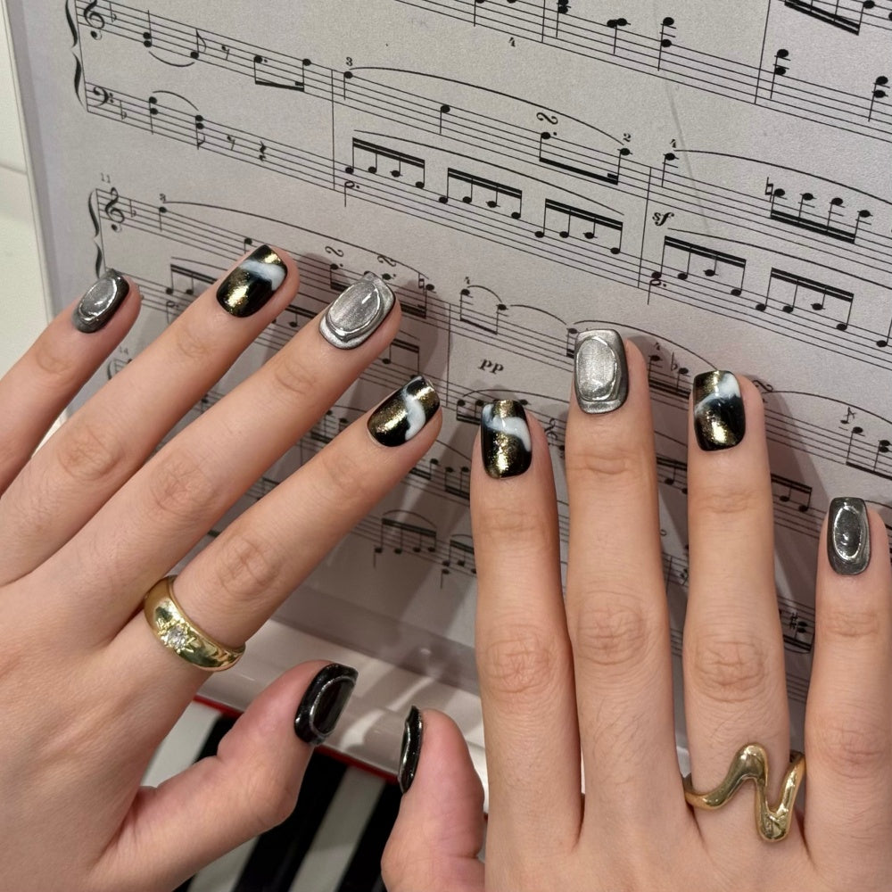 Handmade 3D Mirror Powder Nails - Artistic Line Ombré & Chrome Glow