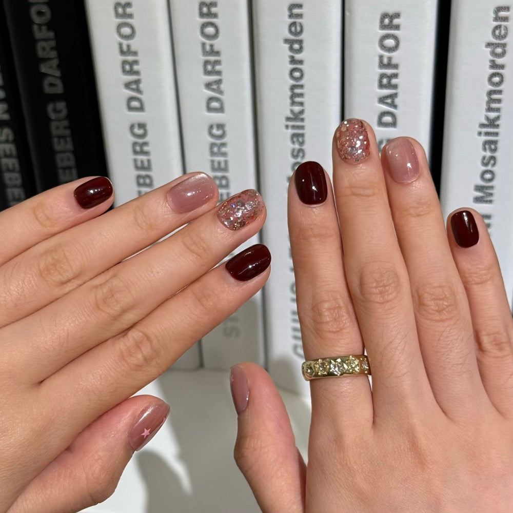 Pink Cat Eye Glitter & Wine Red Ombre Press-On Nails – Fake Nails