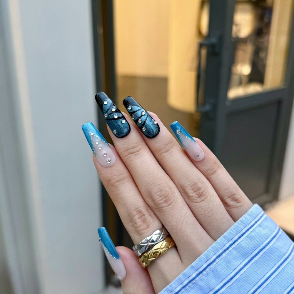 Hand-Painted Blue Butterfly Nails-Diamond Cat-Eve Glow