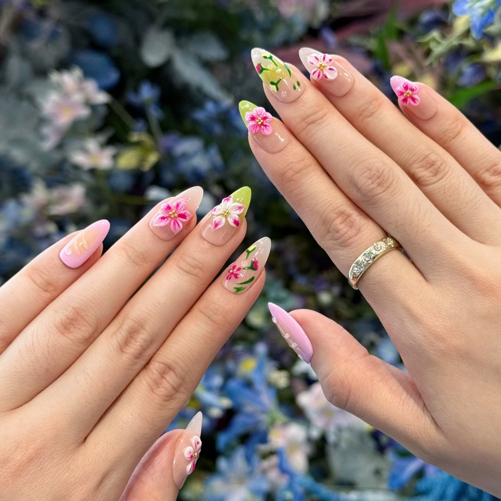 Summer Fiesta Handmade Press-On Nails - 3D Floral Carvings & Tropical Glow