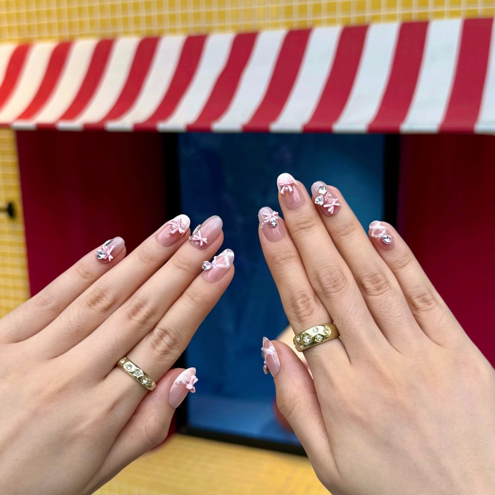 French Bow Manicure -Pearl & Heart Diamond Accents