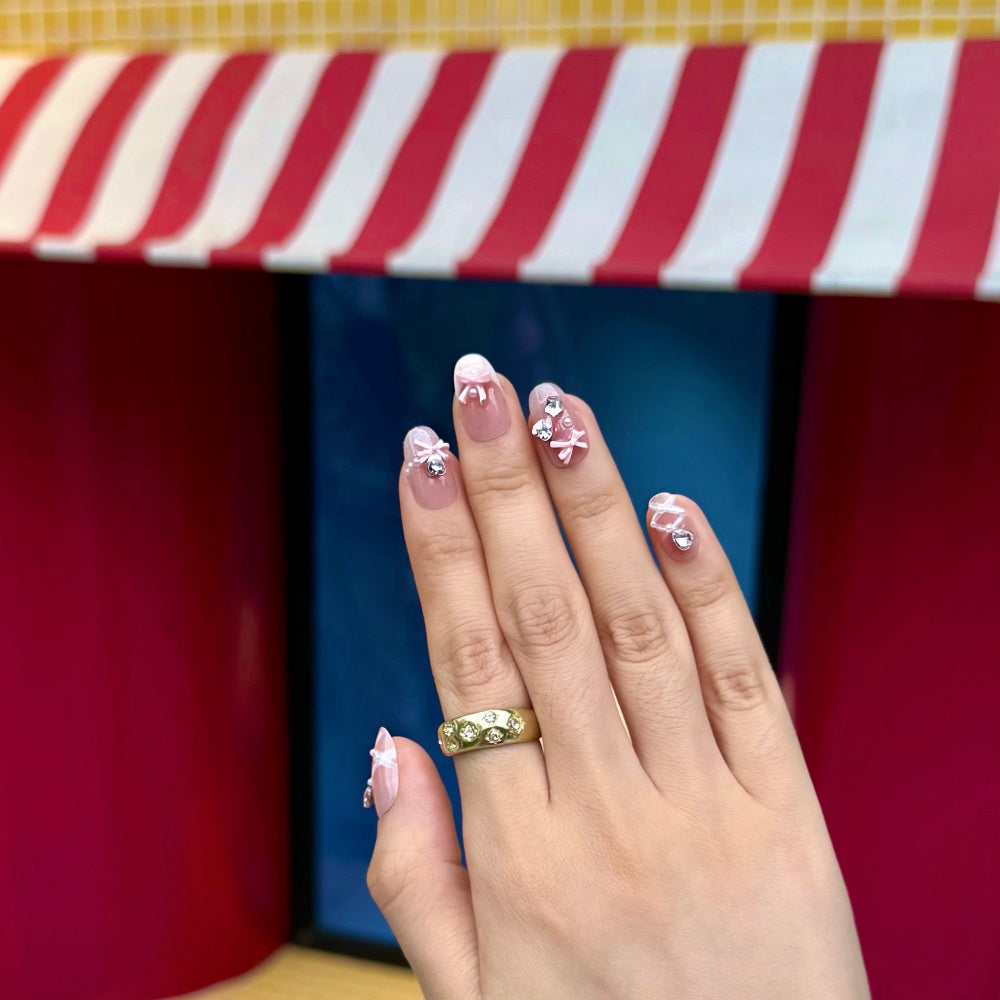 French Bow Manicure -Pearl & Heart Diamond Accents