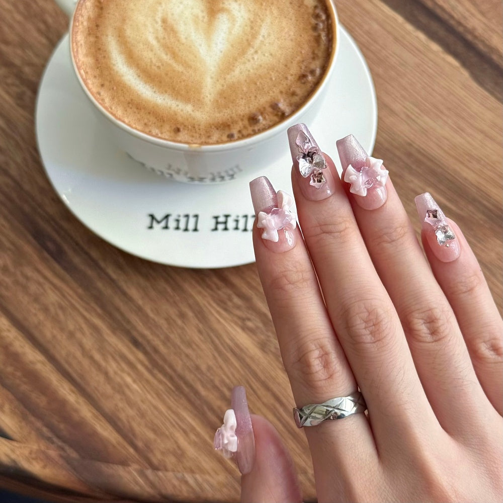 Pink Bow Rhinestone Press-On Nails -Sweet Girl Style, Handmade Cute Nail Set