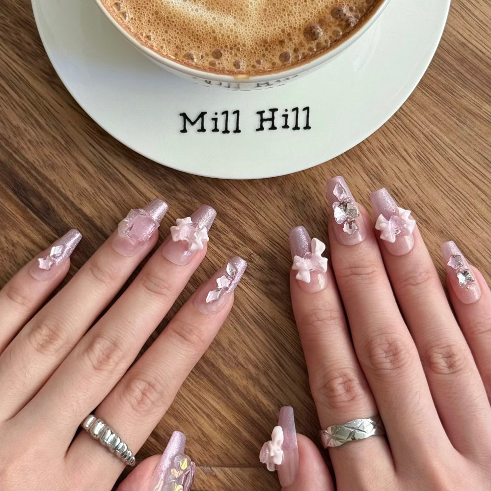Pink Bow Rhinestone Press-On Nails -Sweet Girl Style, Handmade Cute Nail Set