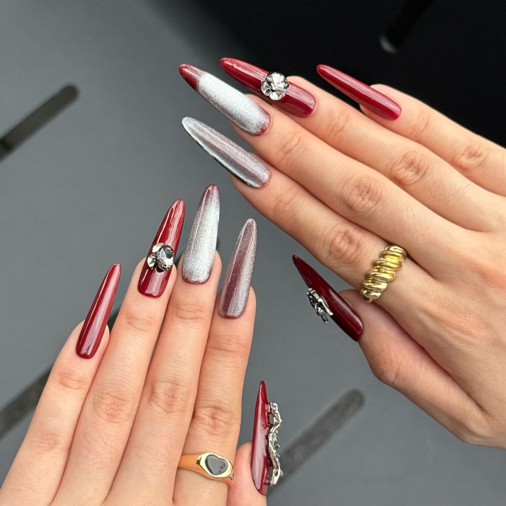 Crimson Eclipse Cat-Eye Nails - Silver Meteor Shower & Diamond Armor Tips