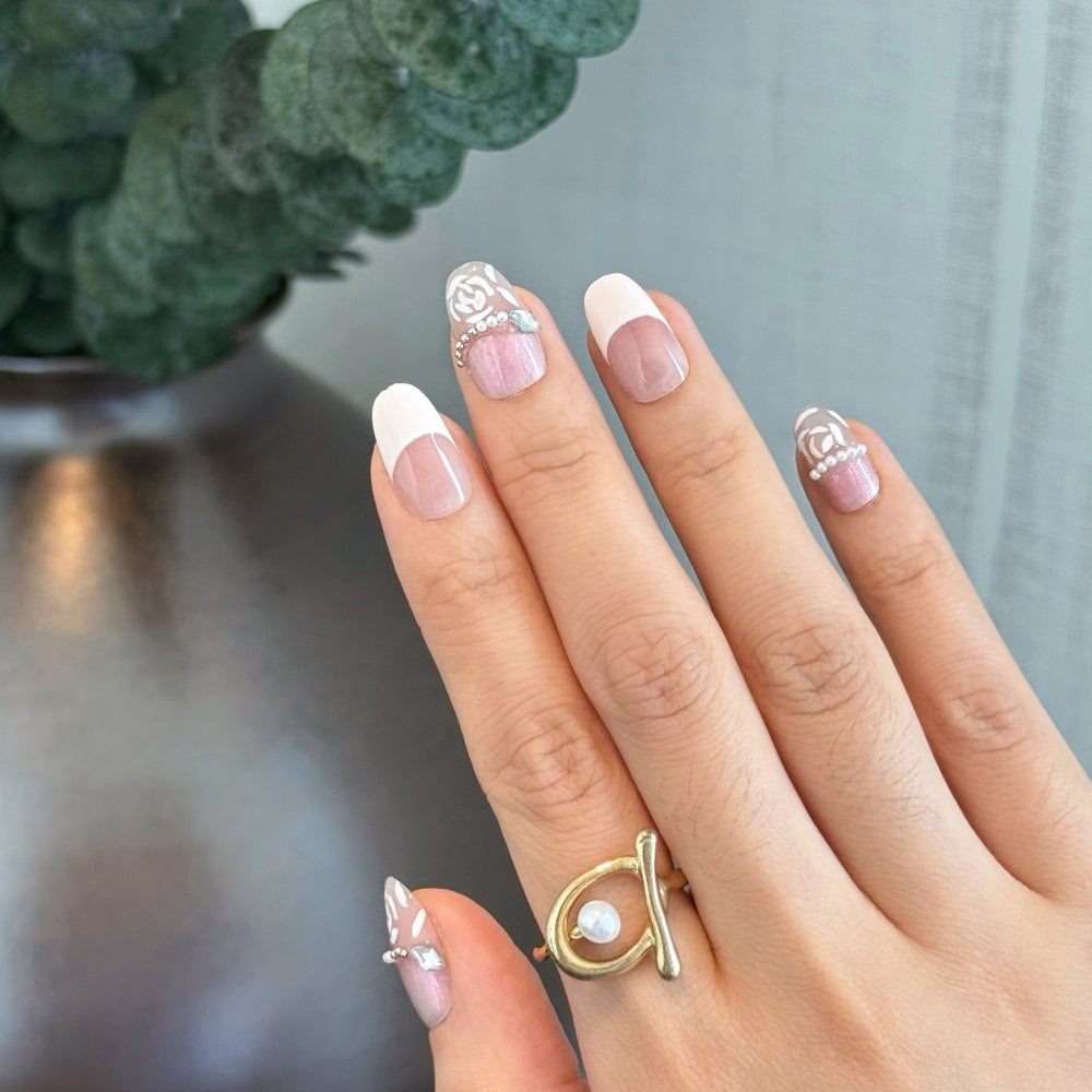 Lavender Blush French Tips - Pearl-Encrusted Rose Nail Art