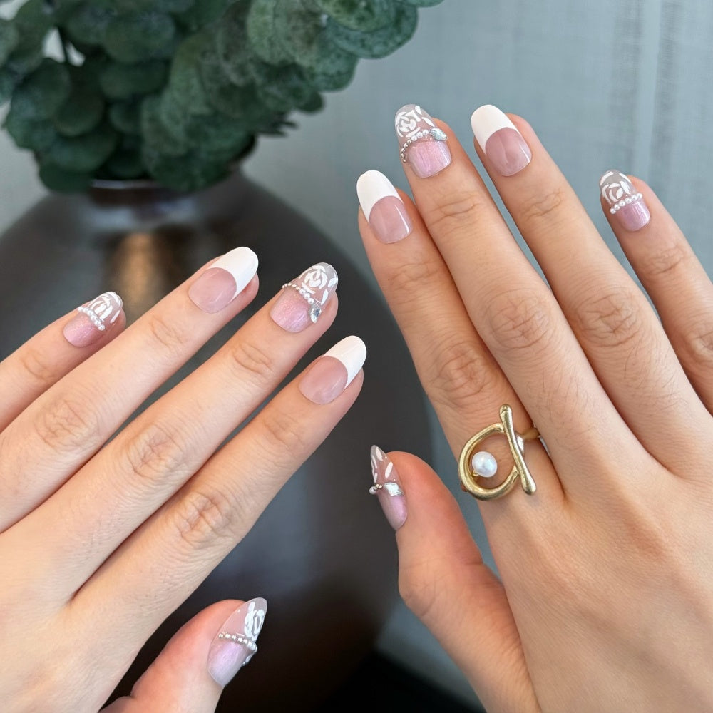Lavender Blush French Tips - Pearl-Encrusted Rose Nail Art