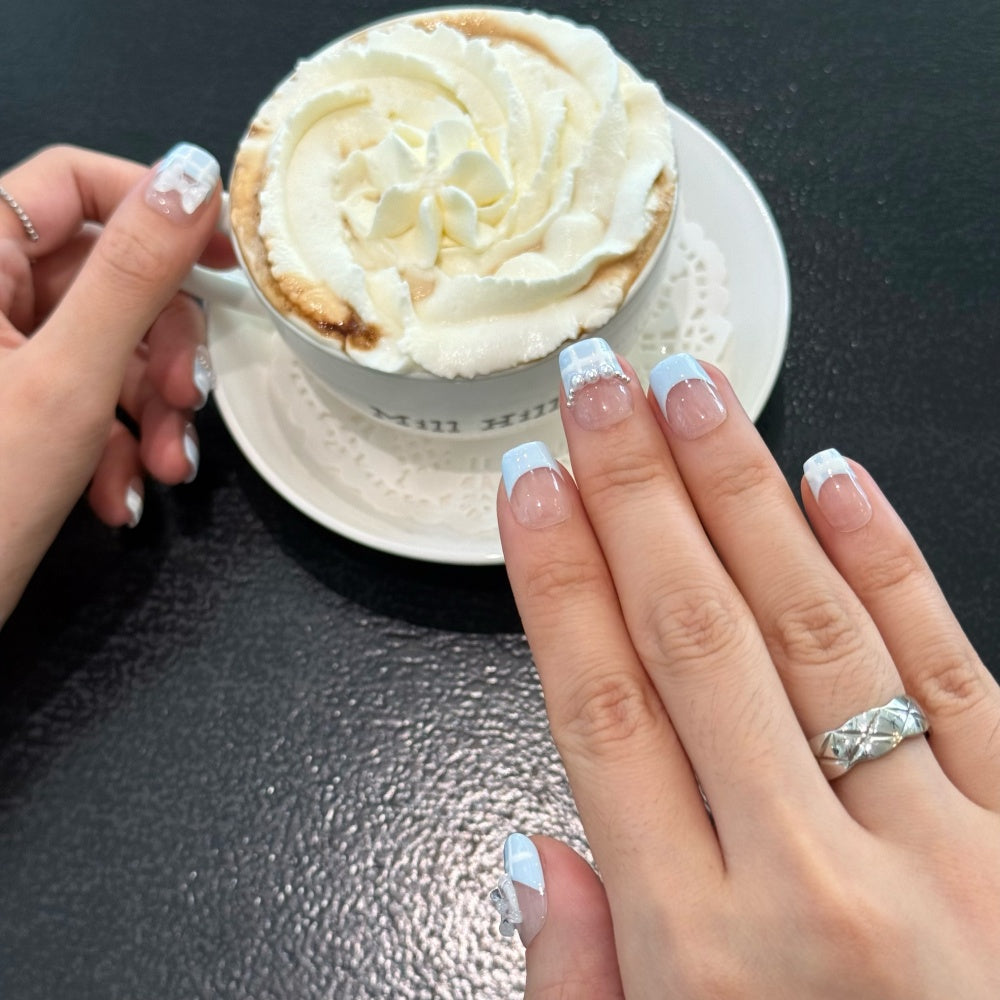 Baby Blue French Bow Nails - Pearl-Embellished Checkerboard Tips