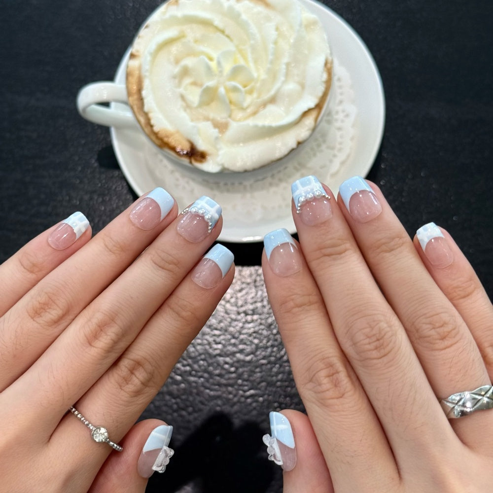 Baby Blue French Bow Nails - Pearl-Embellished Checkerboard Tips