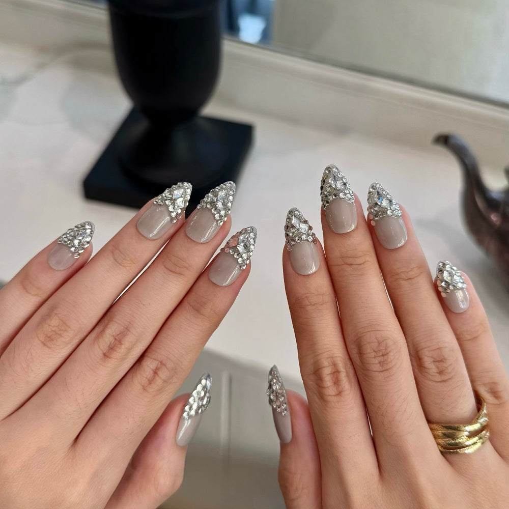 Elegant Grey French Full-Coverage Diamonds - Luxe Heavy Duty Manicure