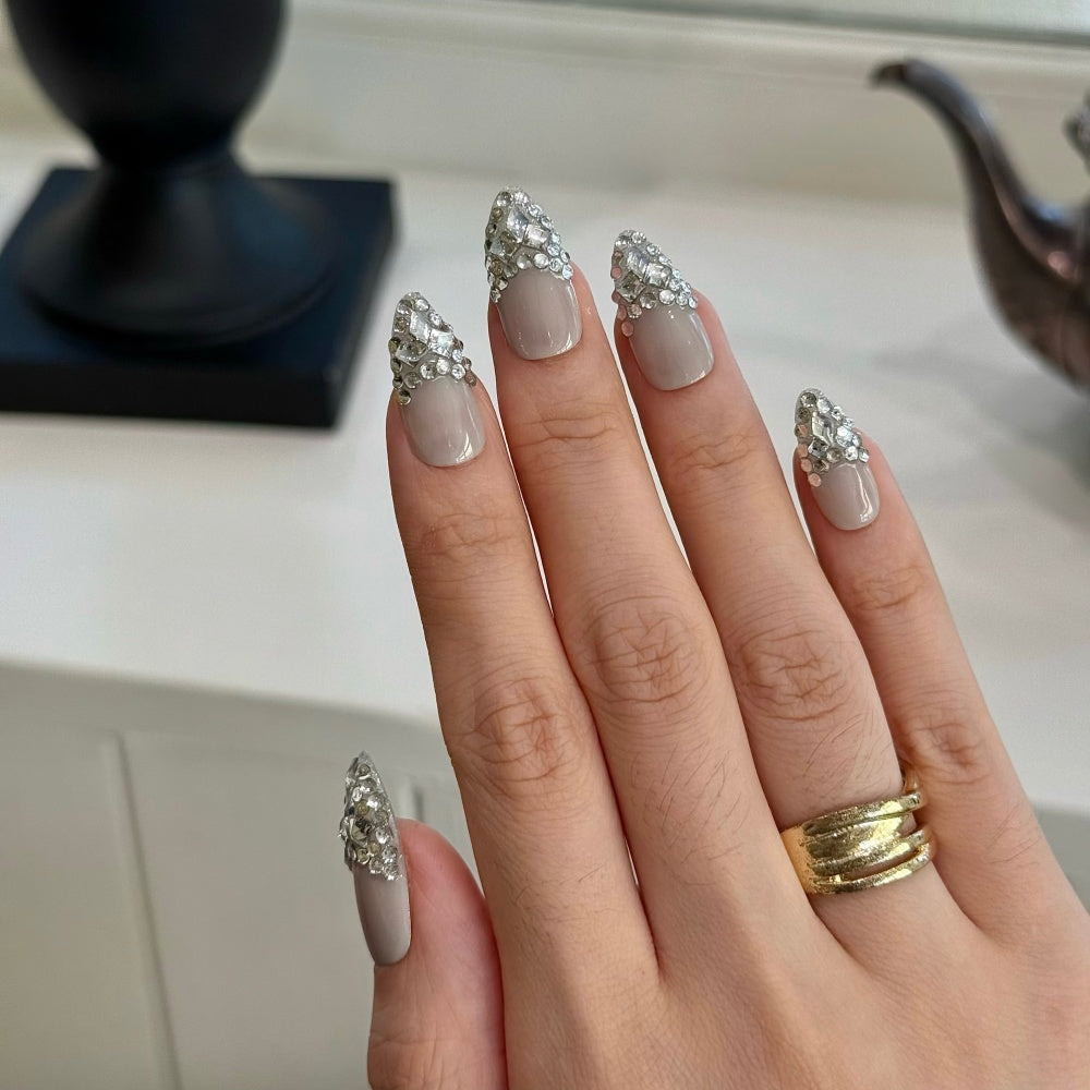 Elegant Grey French Full-Coverage Diamonds - Luxe Heavy Duty Manicure