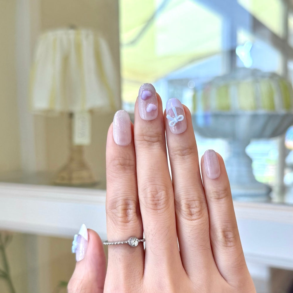 Ombré Cat-Eye French Nails - Hearts & Silk Bow Accents