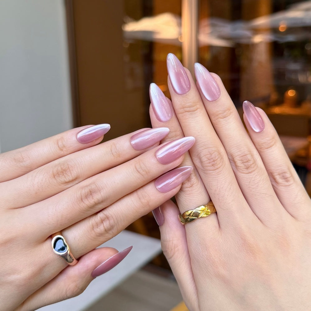 Classic Pink Cat-Eye Nails -  3D Satin Sheen & Aurora Borealis