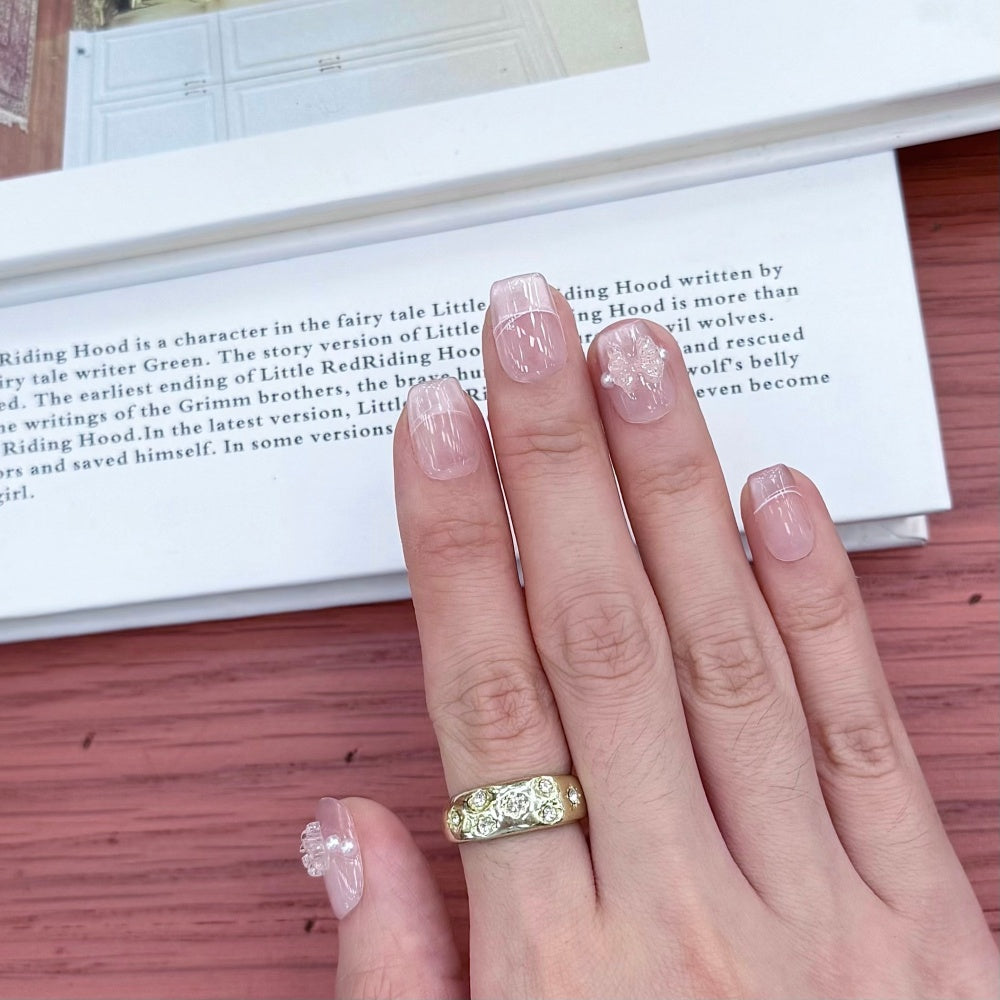Sweet French Cat Eye Nails – Pearl Bow & White Liner Press-Ons