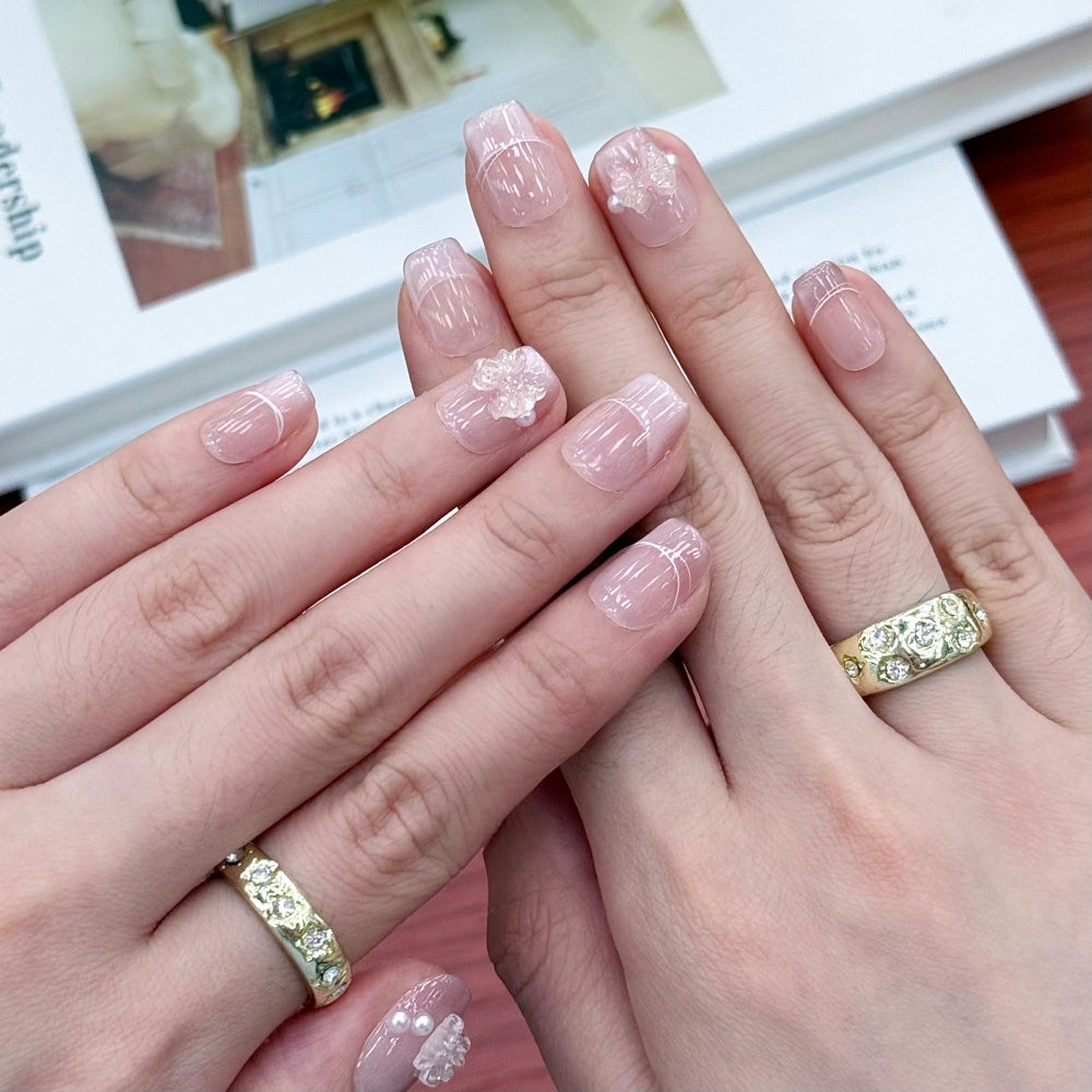 Sweet French Cat Eye Nails – Pearl Bow & White Liner Press-Ons