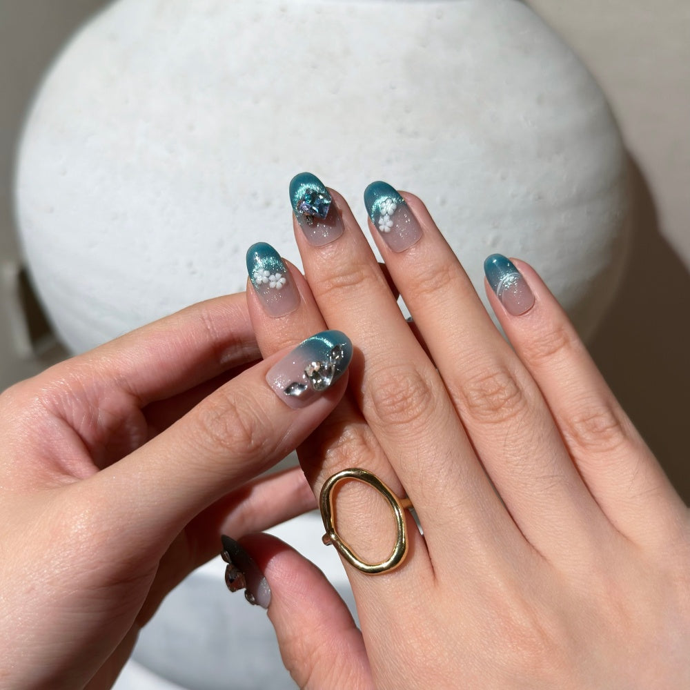 Emerald French Cat-Eye Press-Ons - Floral Rhinestone Fairy Nails