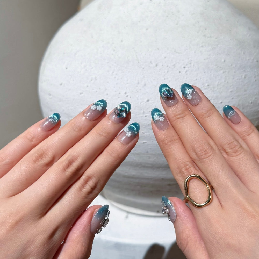 Emerald French Cat-Eye Press-Ons - Floral Rhinestone Fairy Nails