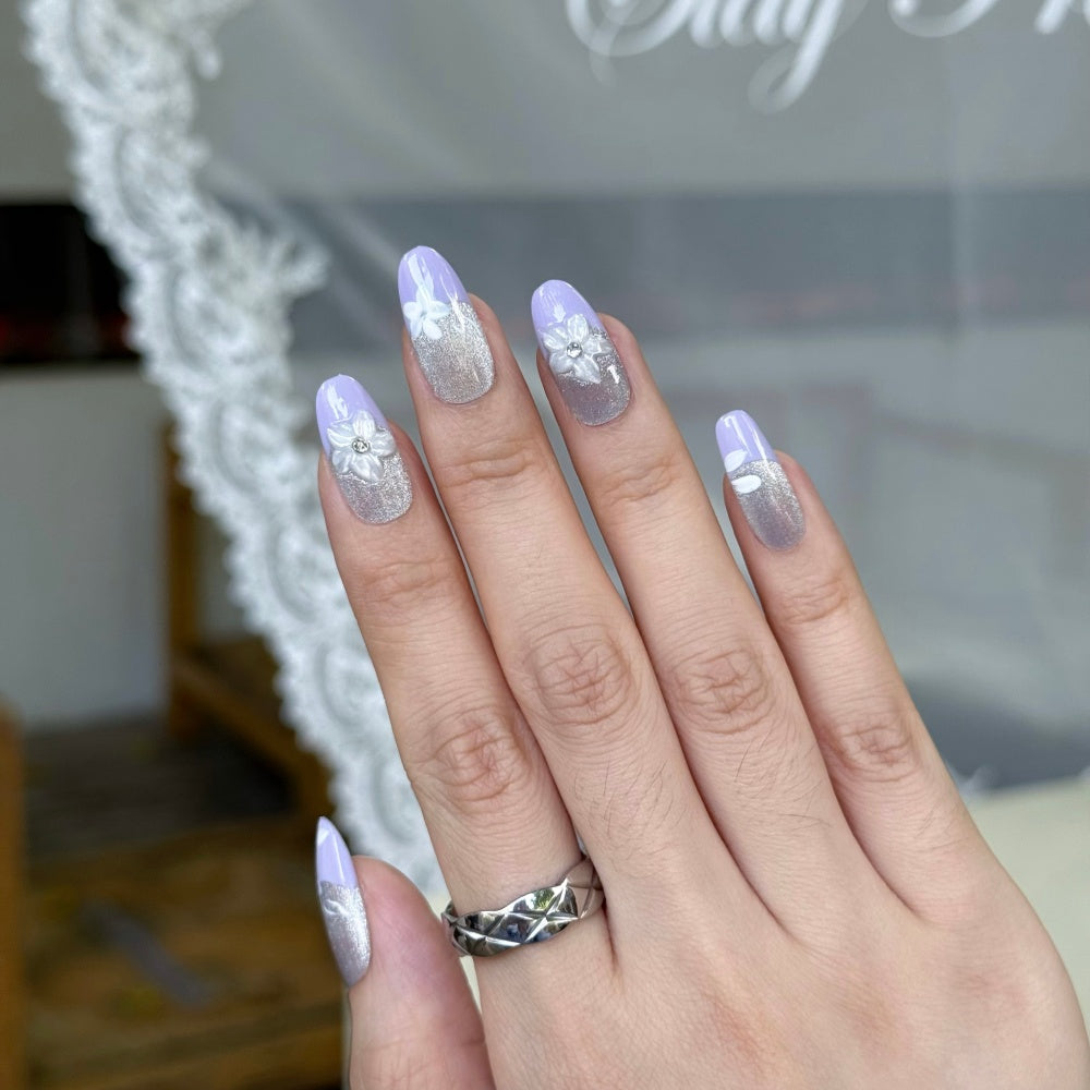 Lavender French Tip Press-on Nails – Hand-Painted Floral Cat Eye with Glitter – 3D Carved Acrylic Nail Art – Elegant Coquette Manicure Set
