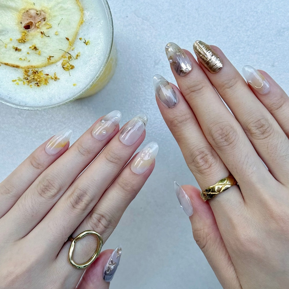 Chinese Watercolor Marble Nails – Hand-Painted Floral & Chrome Powder Press-Ons