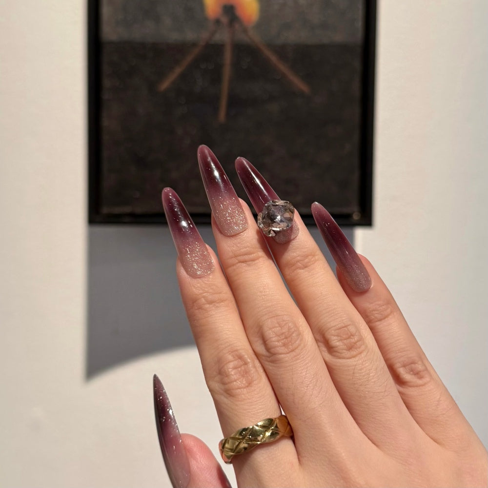 Château Nail Set - Hand-Painted Wine Stain Ombré with Diamond Ice Glitter