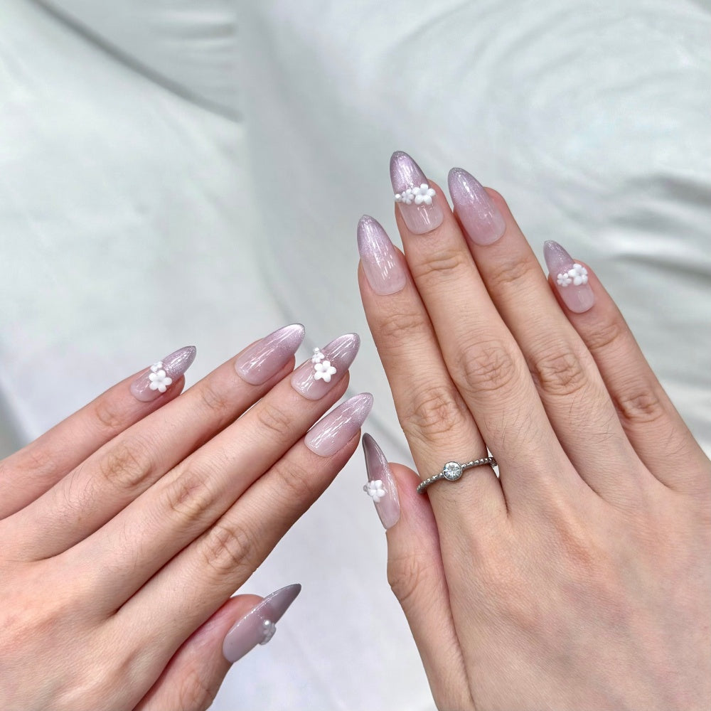 Elegant French Cat-Eye Nails - 3D Minimalist Florals & Pearl Glow Tips