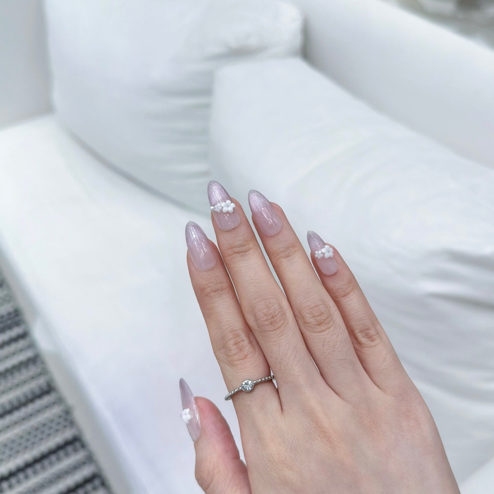 Elegant French Cat-Eye Nails - 3D Minimalist Florals & Pearl Glow Tips
