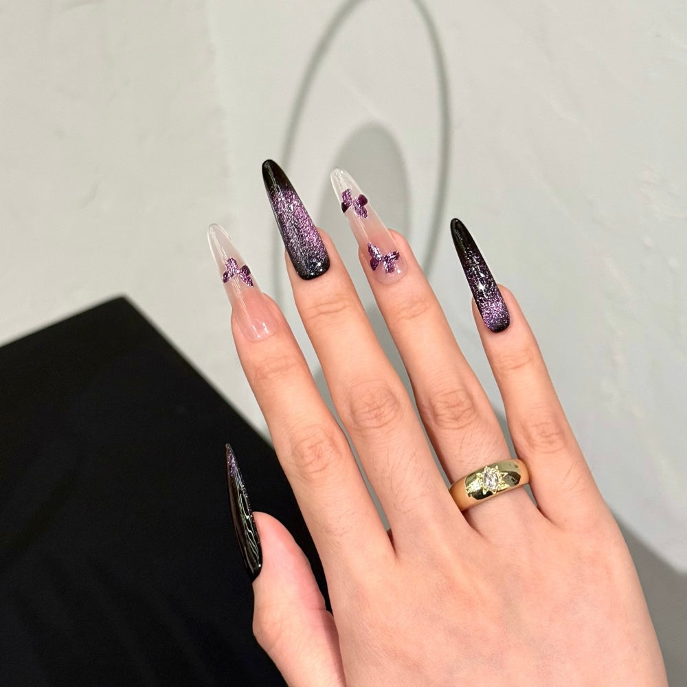 Purple Holographic Cat Eye Nails – Butterfly & Blush Glitter Press-Ons